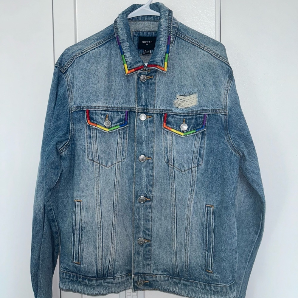 Forever 21 Blue Denim Jacket with Rainbow Accents
